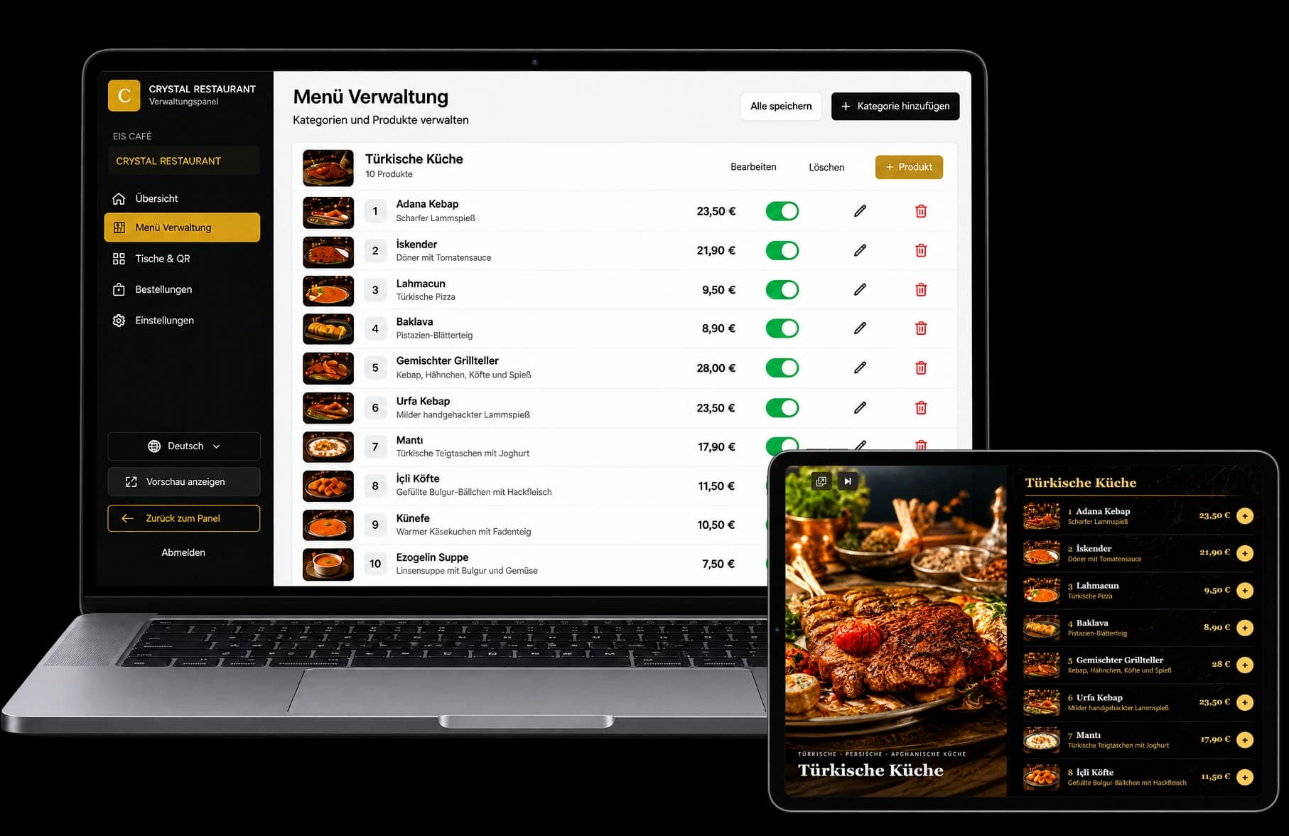Restaurant-Website und Verwaltungspanel am Handy, gesteuert mit MenuPanels